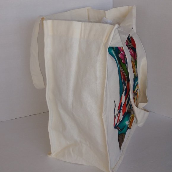 Handmade Tote Bag With Two Hand Painted Butterfly Koi Fish in Pond With Lotus - Picture 7 of 15